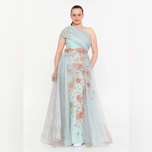 Elegant One-Shoulder Blue Dress with Rose Gold Floral Accents New With Tags